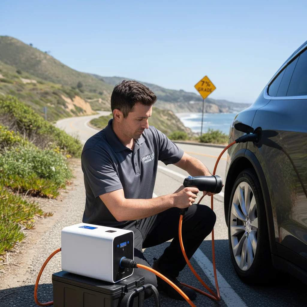 Portable charging cable plugged into an EV port at the roadside