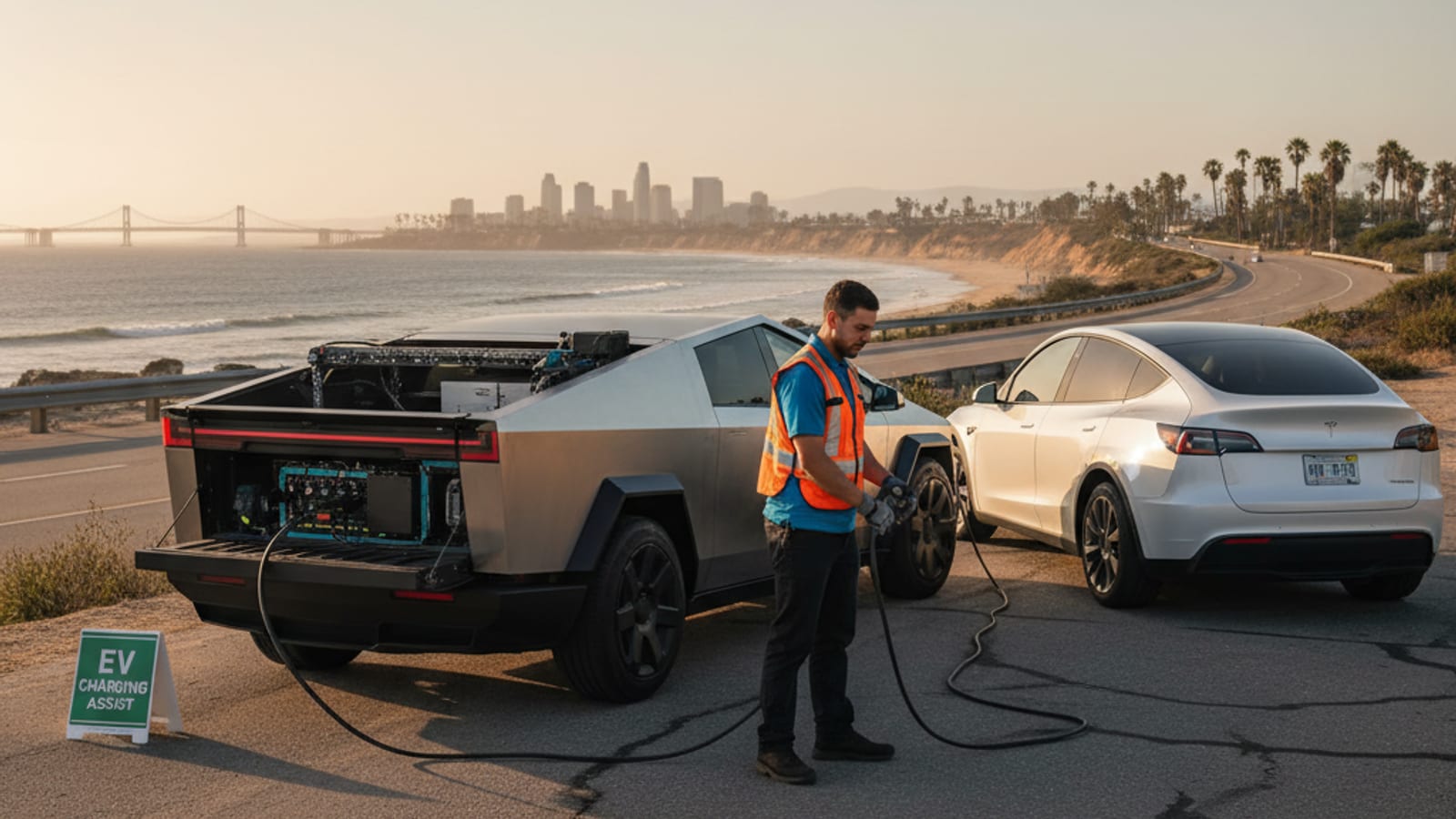 A rescue van parked beside an electric car on a paved shoulder with cones out