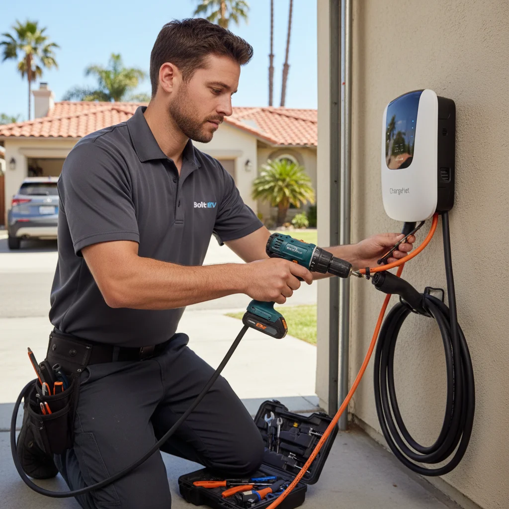 A charging cable plugged into an EV port along a paved roadside