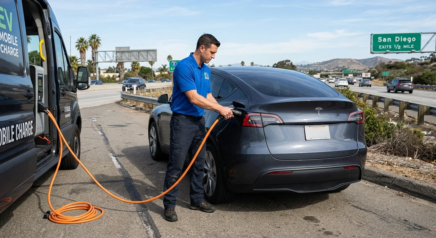A dark-colored Tesla parked in a large outdoor lot while a driver checks a phone for roadside charging help