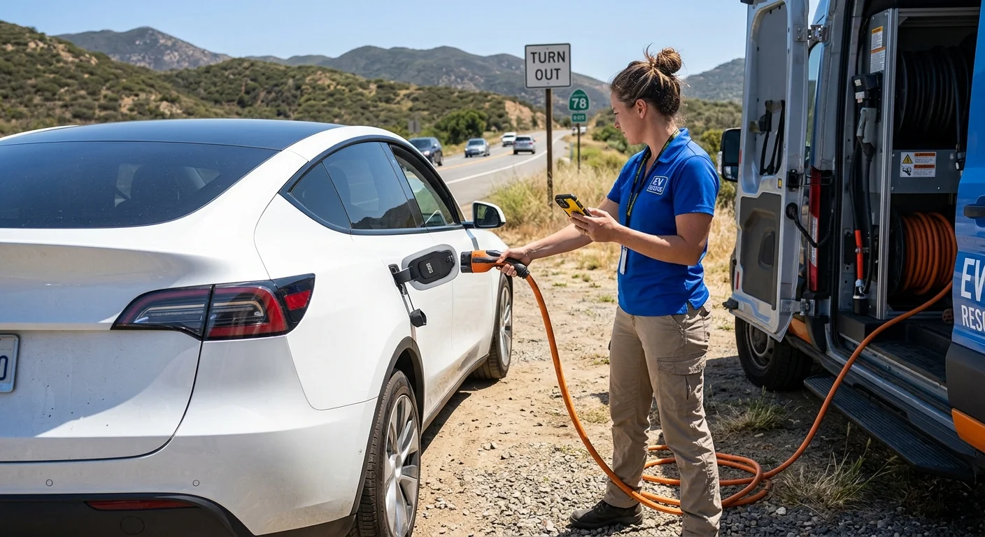 An electric vehicle stopped along a narrow roadside while its driver waits nearby