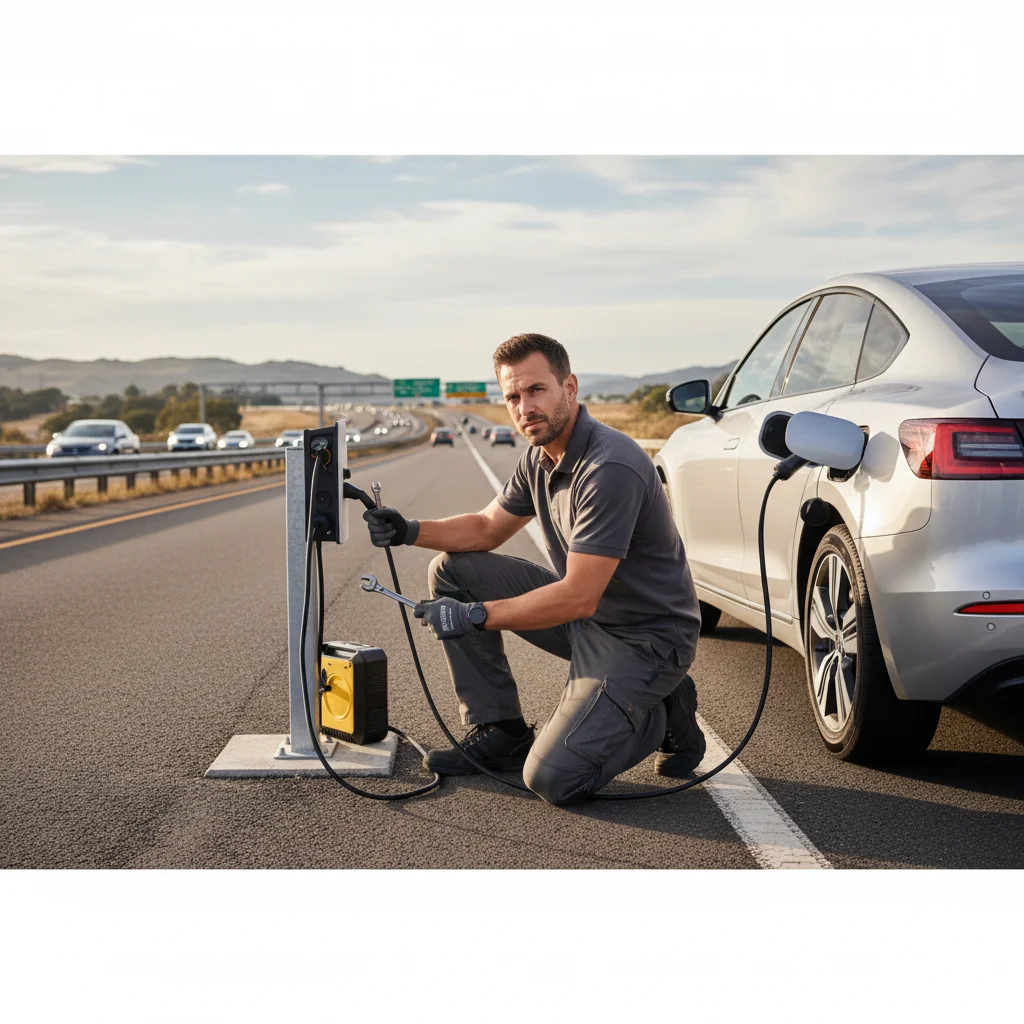 EV stopped on a freeway shoulder with hazard lights on as a mobile charging truck approaches