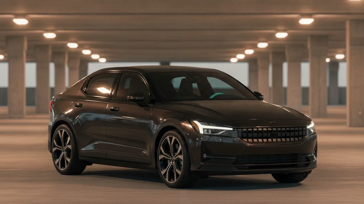 An unresponsive electric hatchback in a parking garage with a blank dashboard and dark exterior lights.