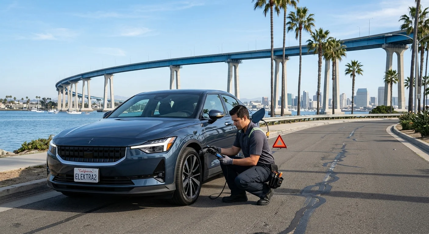 A Polestar EV parked on a paved roadside shoulder with the driver standing beside it