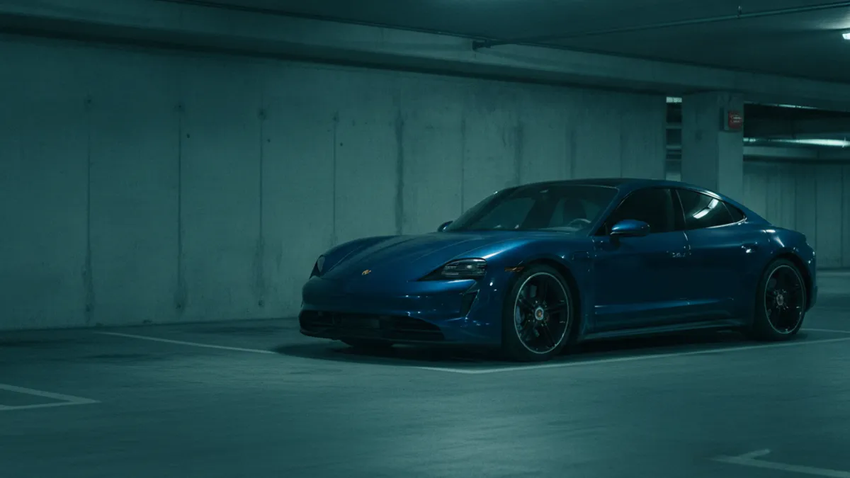 A parked Porsche Taycan with a dark dashboard after sitting unused in a garage