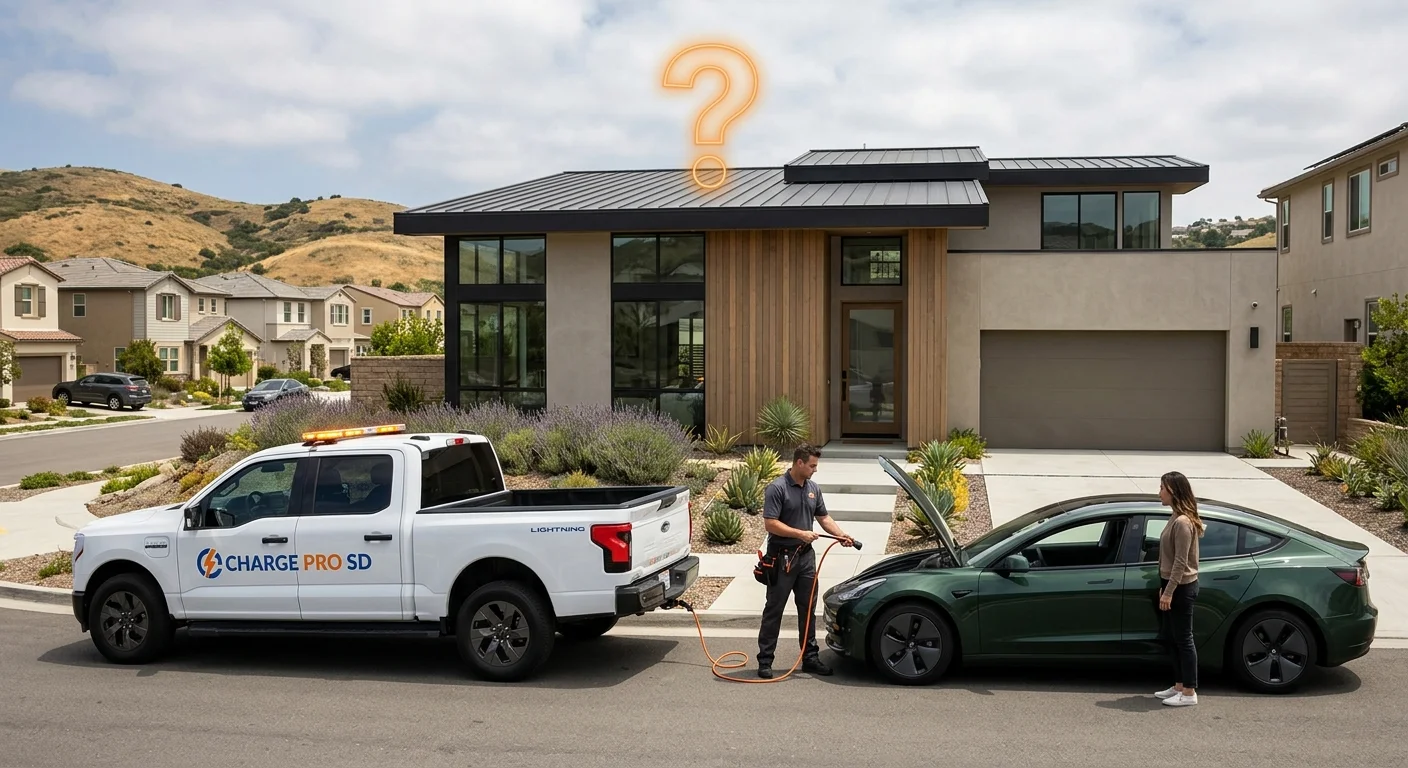 A modern house beside a roadside electric car getting a portable charge