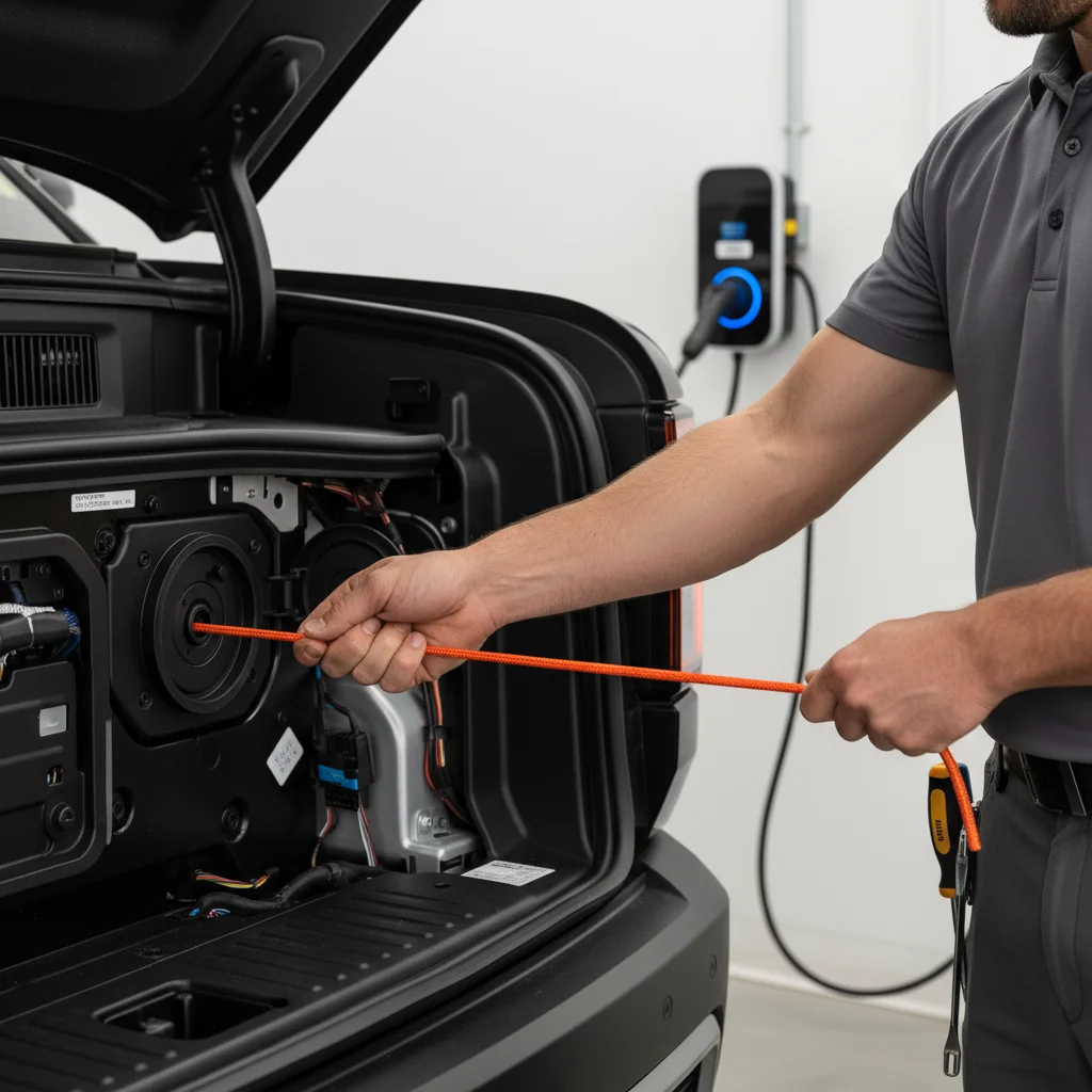 Open Rivian frunk with a hand pulling the tagged manual release loop