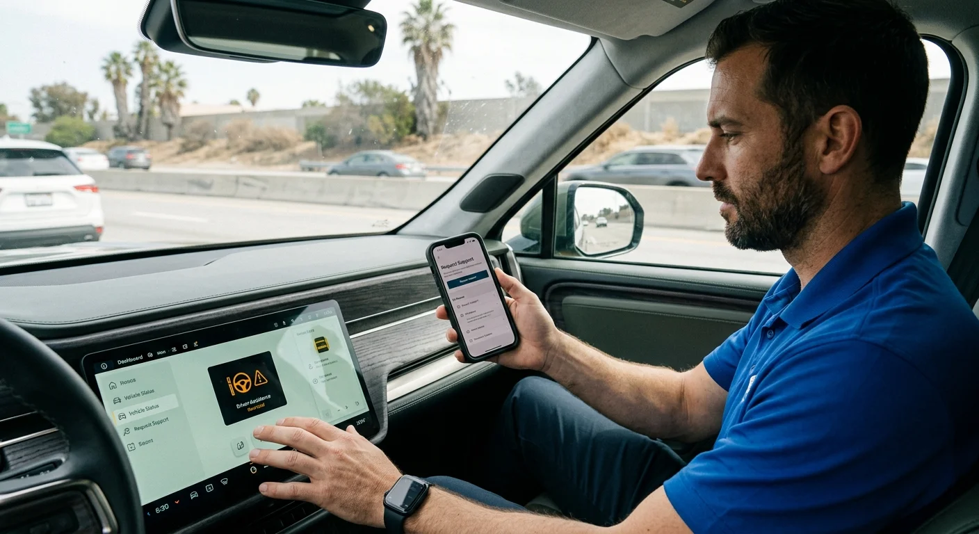 Rivian driver on a Northern Virginia highway with the driver assistance screen showing