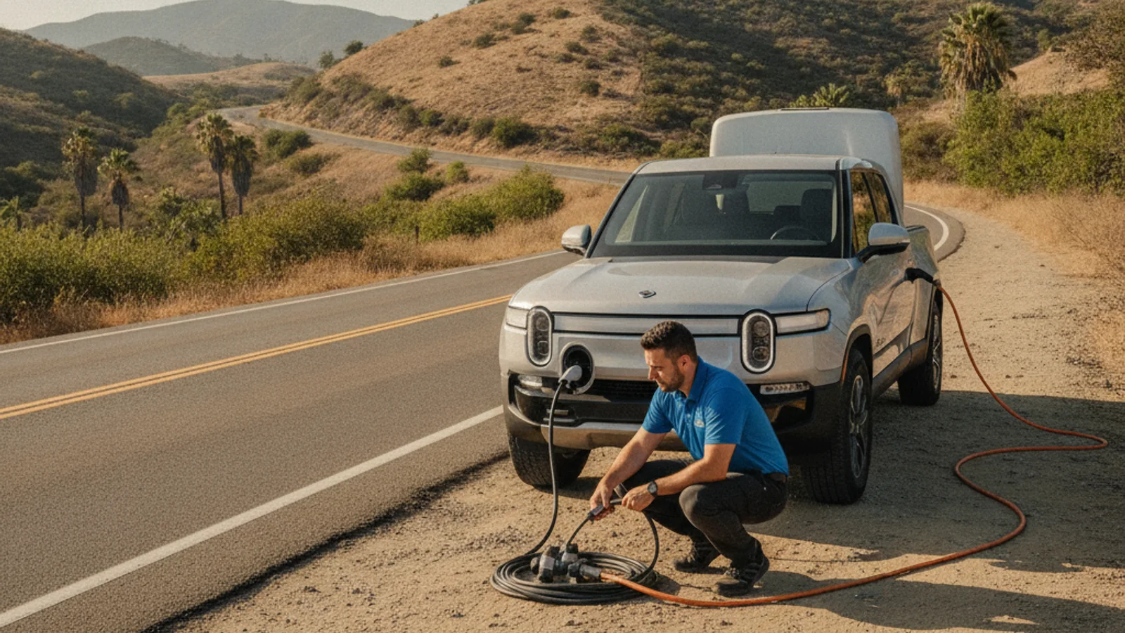 A Rivian parked on a Reston driveway with a mobile rescue van plugged into its charge port with a CCS adapter