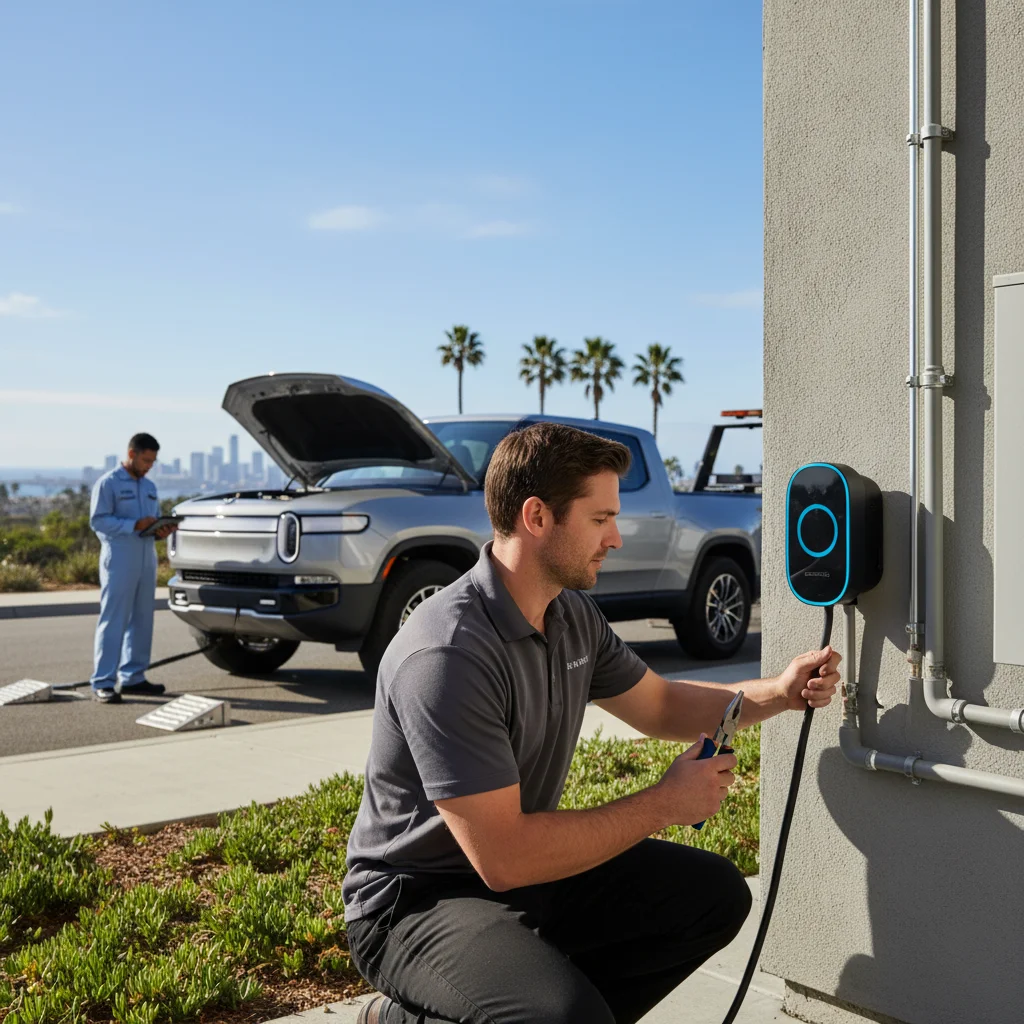 Rivian pickup on a roadside shoulder with a mobile charging cable at the charge port