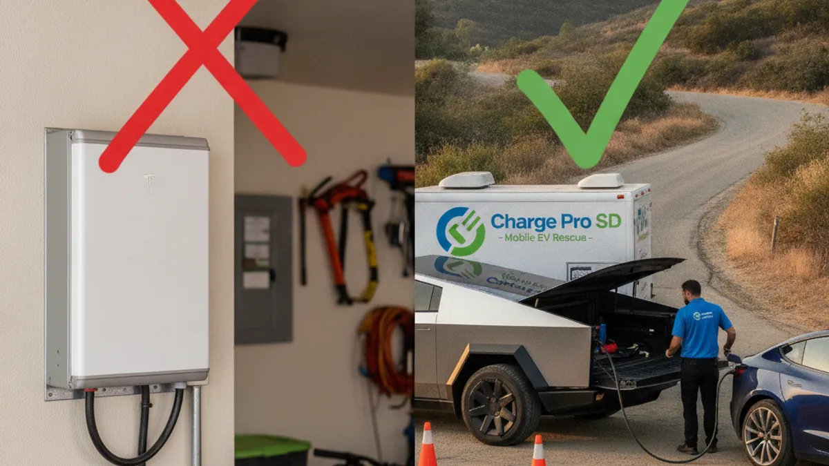 Split view of a wall-mounted home battery marked with a red X and a mobile charging truck helping a stranded EV with a green check