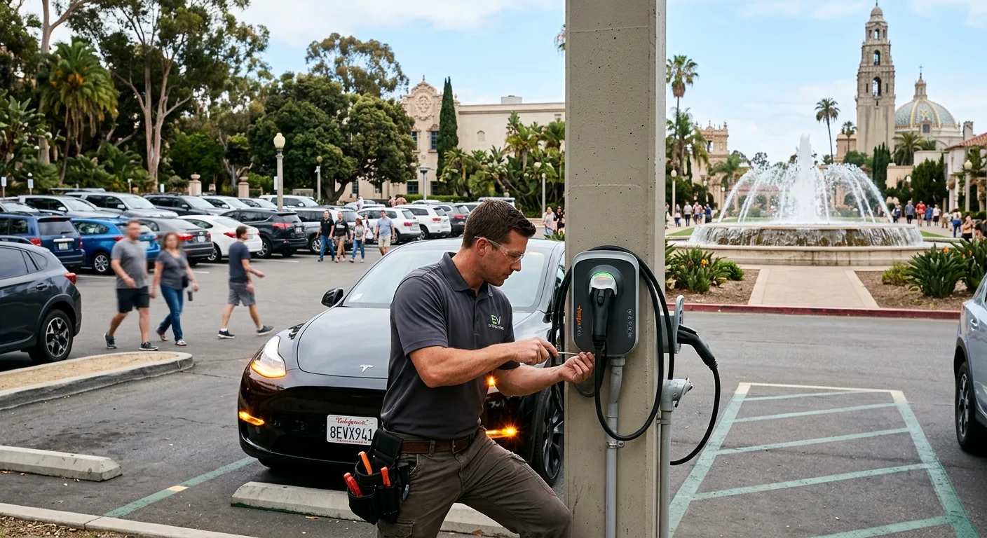 An electric vehicle with hazard lights on, parked in a busy garage aisle