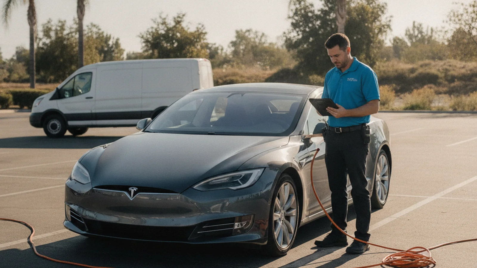 Electric car at the roadside with jumper cables by the front trunk
