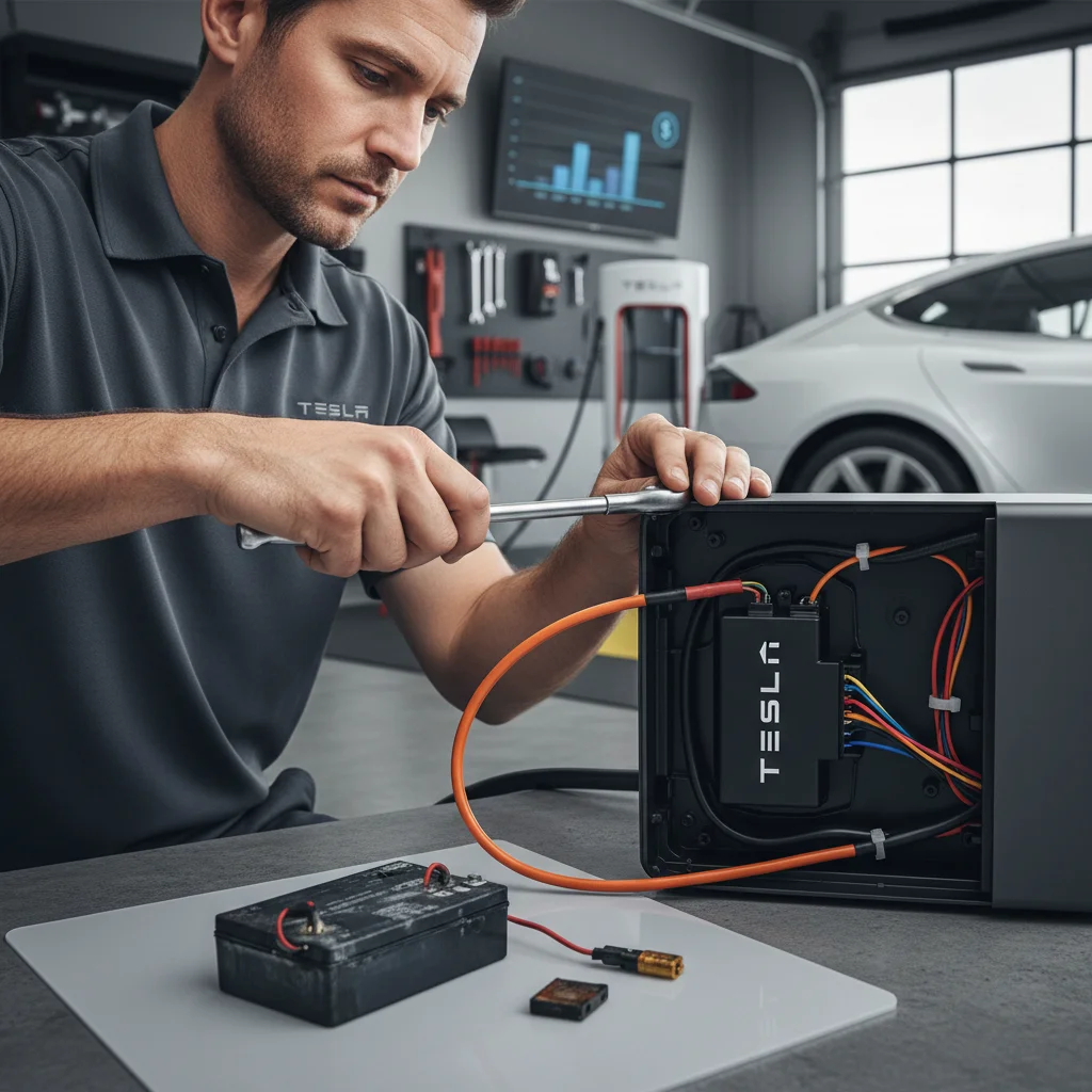 Portable jump pack and cables at the open frunk of an electric car