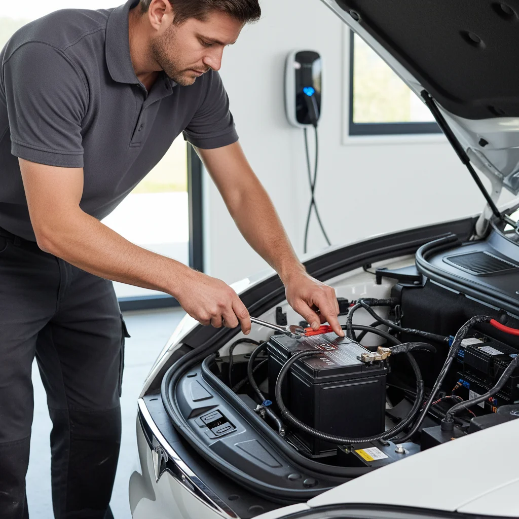 Open Tesla frunk with the 12 volt lithium battery visible and a multimeter clipped to the terminals