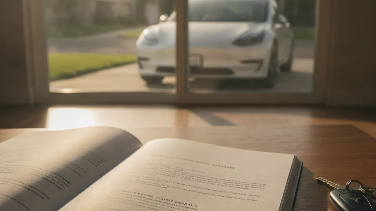 A Tesla parked on a Bethesda driveway with the charge port open and a warranty summary document visible on a clipboard beside it