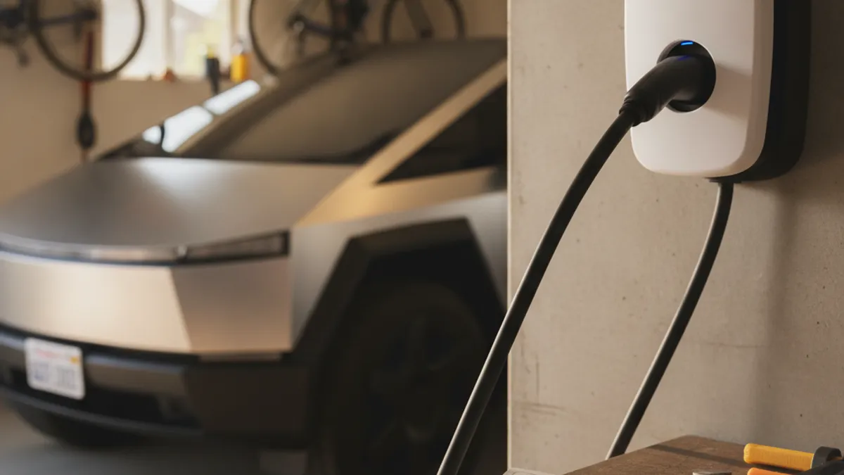 A charging cable plugged into an electric car parked along a roadside curb.