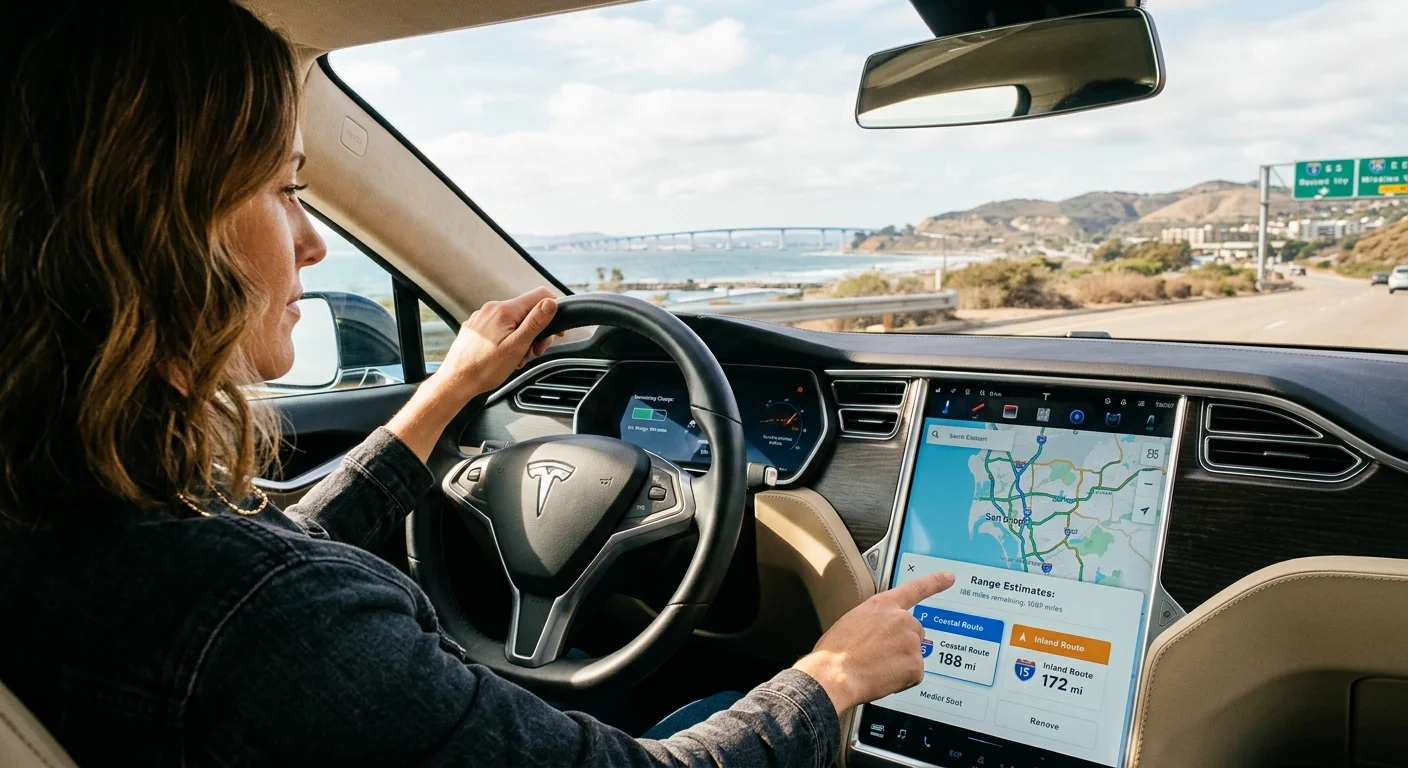 A driver in a Tesla checks remaining charge on the dash during slow highway traffic