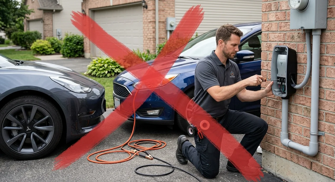 Two cars parked close on a shoulder with jumper cables on the ground and a red X over the scene