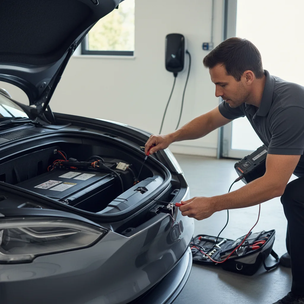 Operator attaching external 12 volt power to a Tesla jump post under the frunk hood trim panel
