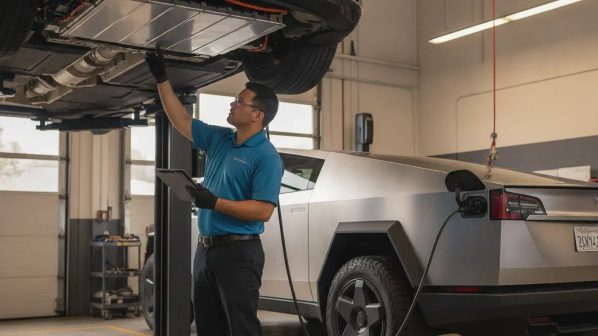 A technician inspecting the underside battery pack of a Tesla raised on a lift in a service bay.