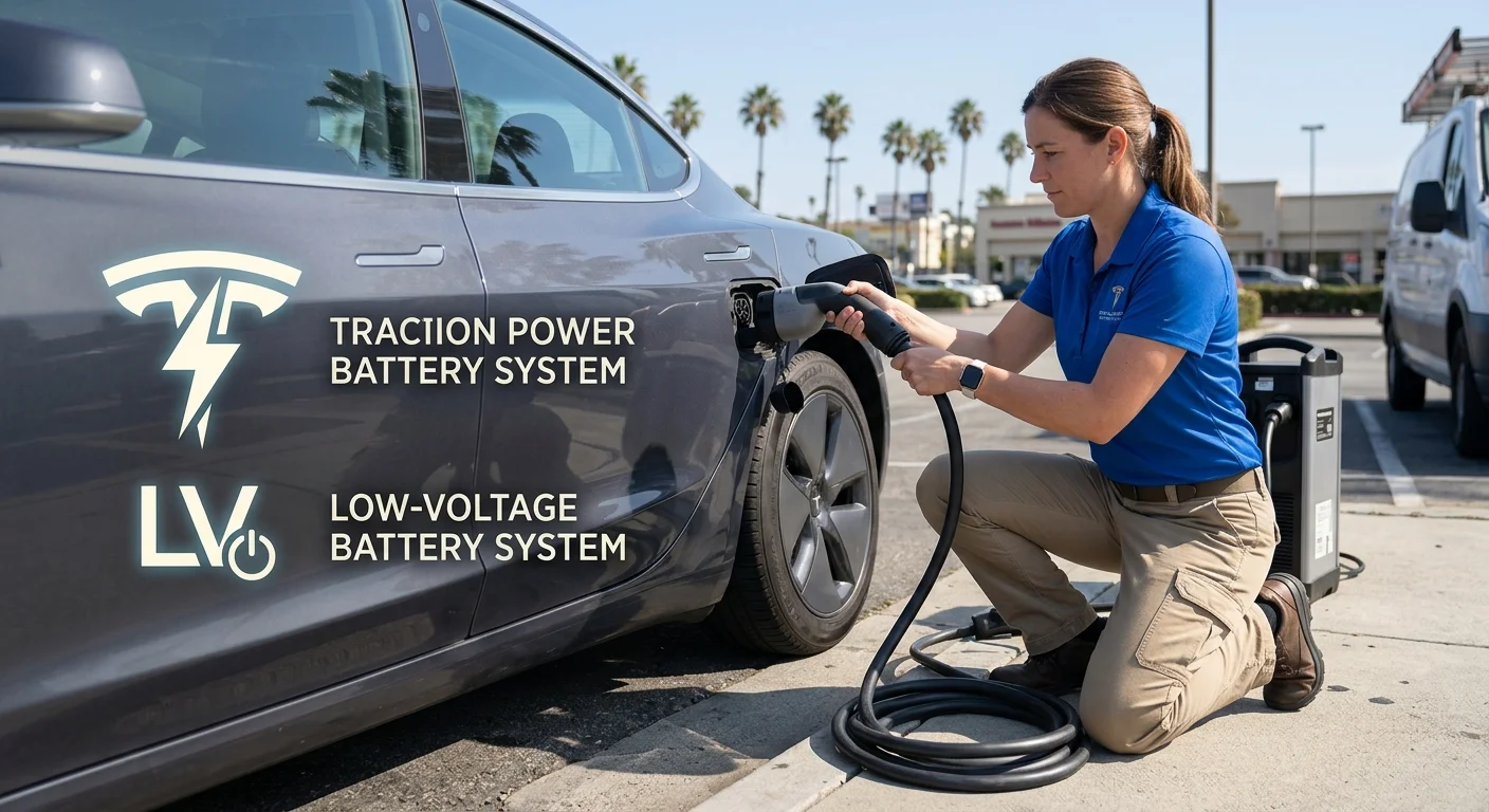 Tesla Model 3 beside a simple infographic showing the traction pack under the floor and the 12 volt in the frunk