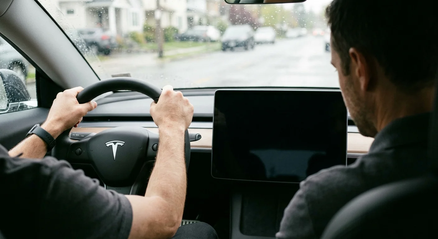 A close-up of a Tesla Model 3 center screen blank and unresponsive inside a covered parking garage in the DC area.