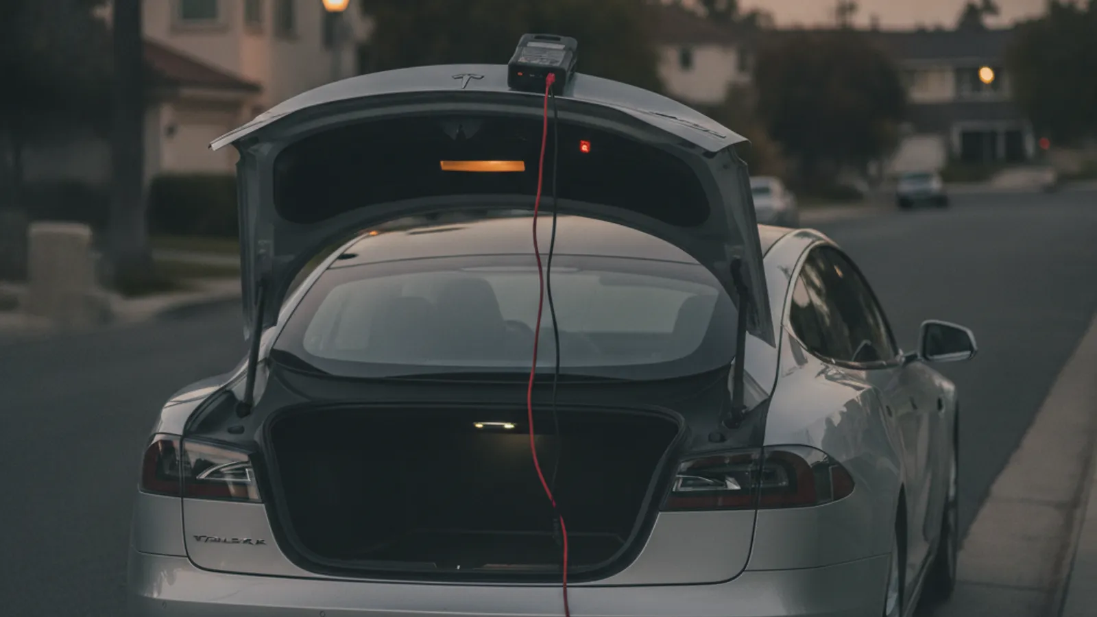 A Tesla Model S with the frunk open on a Woodbridge driveway, an operator's lithium jump pack connected to the 12 volt posts.