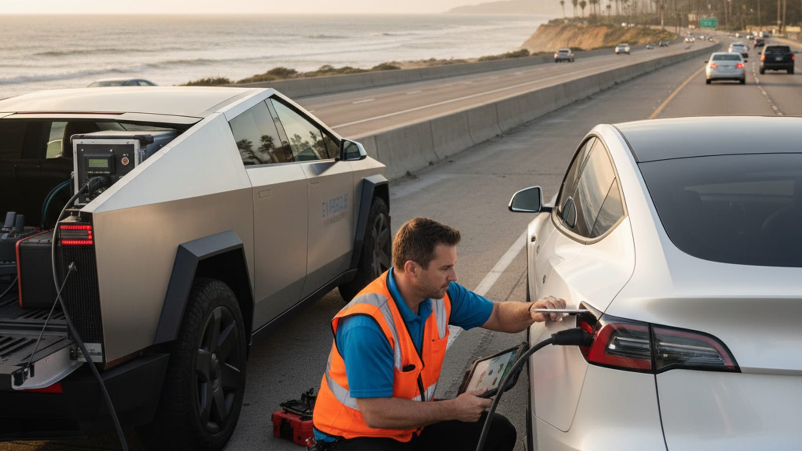 A driver beside a stalled EV checking a phone for the Tesla roadside number on a busy freeway shoulder