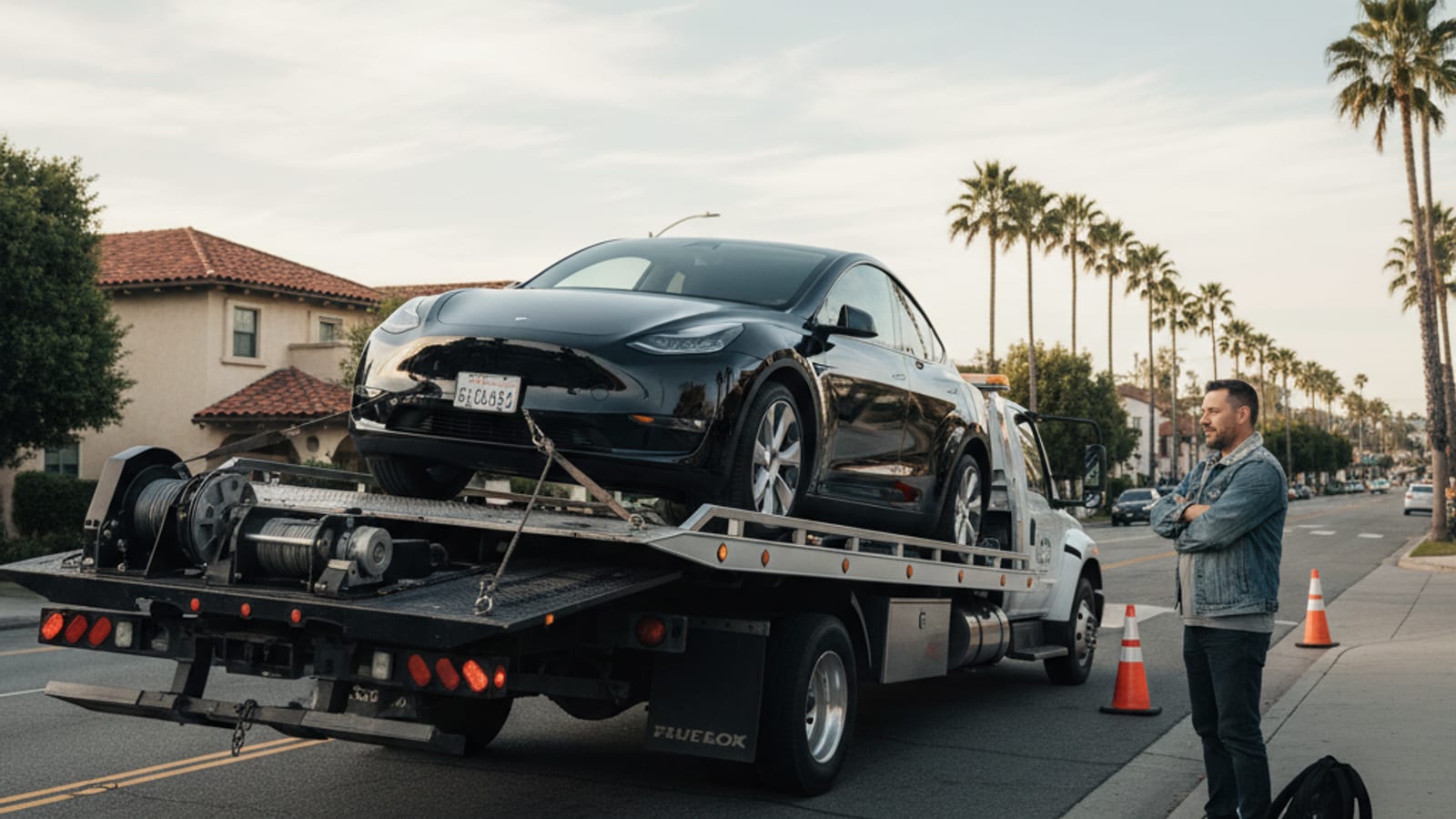 A Tesla Model Y on the shoulder of the Beltway with the operator vehicle approaching from behind in early evening light.
