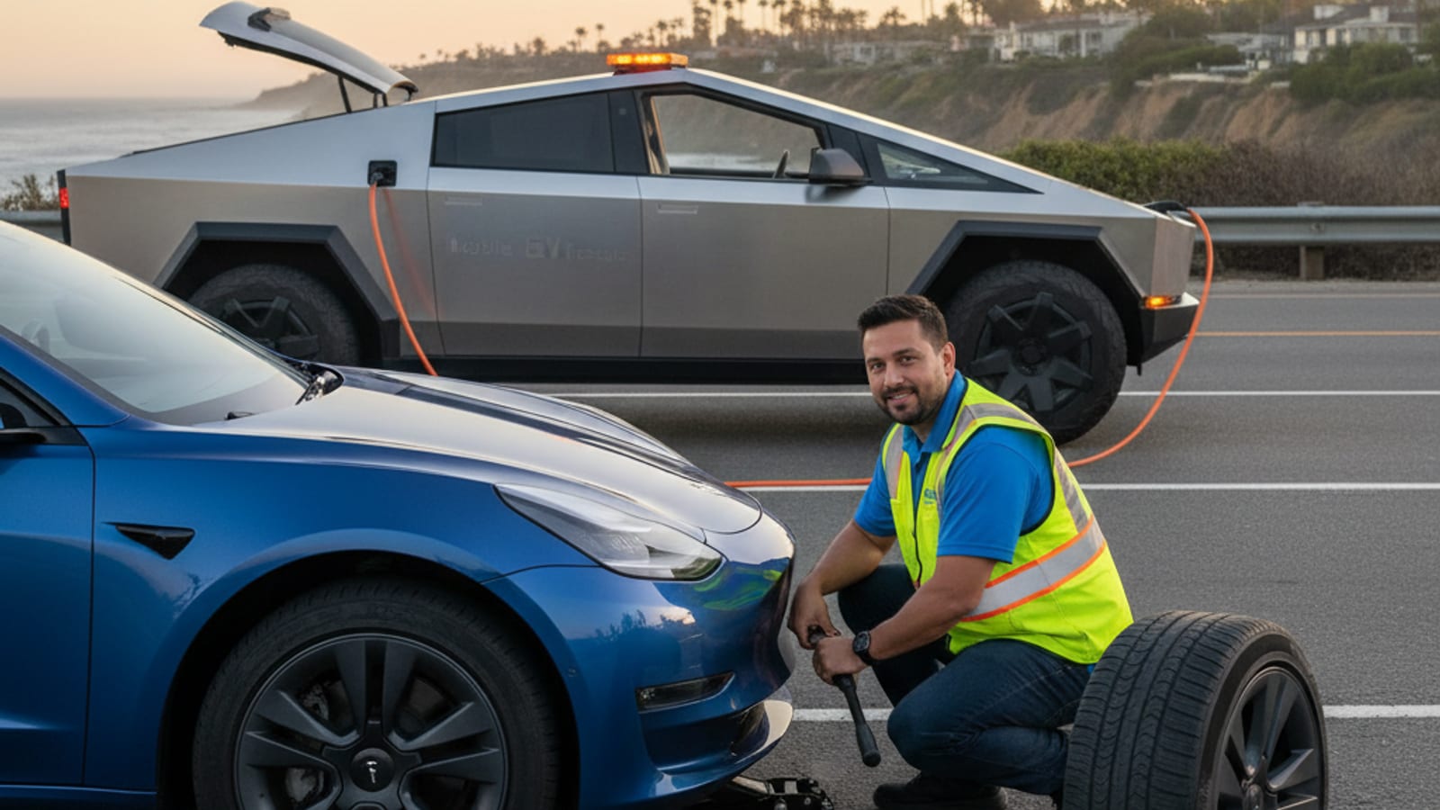 A Tesla with a flat rear tire stopped on the shoulder of the George Washington Memorial Parkway with an operator vehicle approaching.