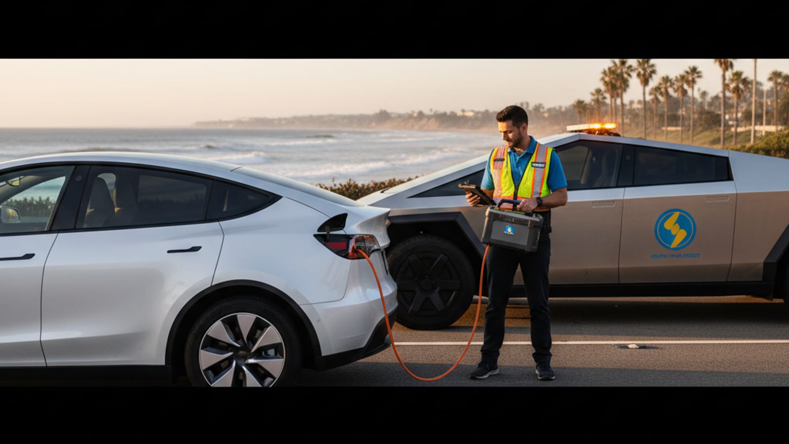 A Tesla driver reading a roadside assistance contract on their phone while standing next to a Tesla on a DC street.