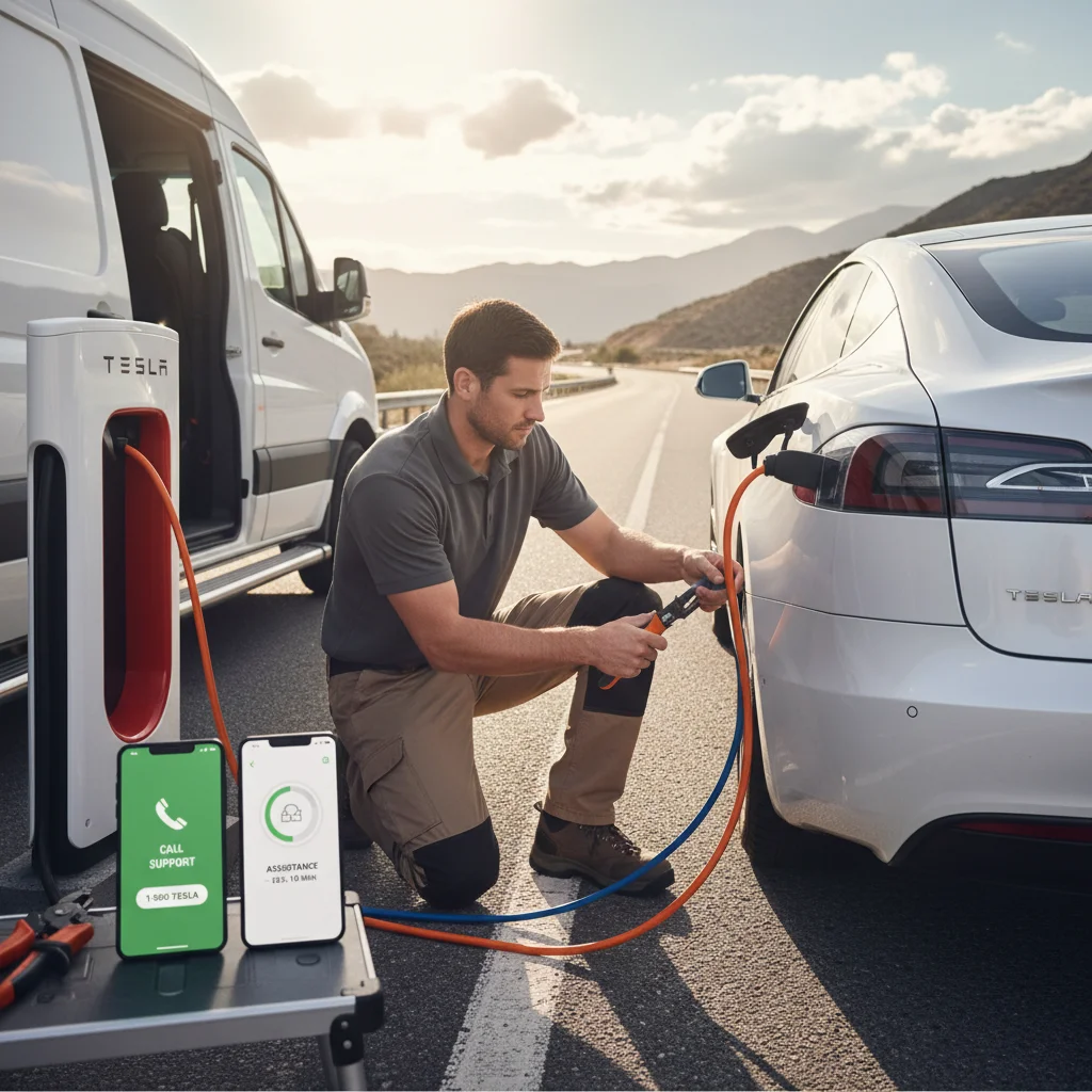 A driver holding a phone with the Tesla app roadside screen beside a stalled EV