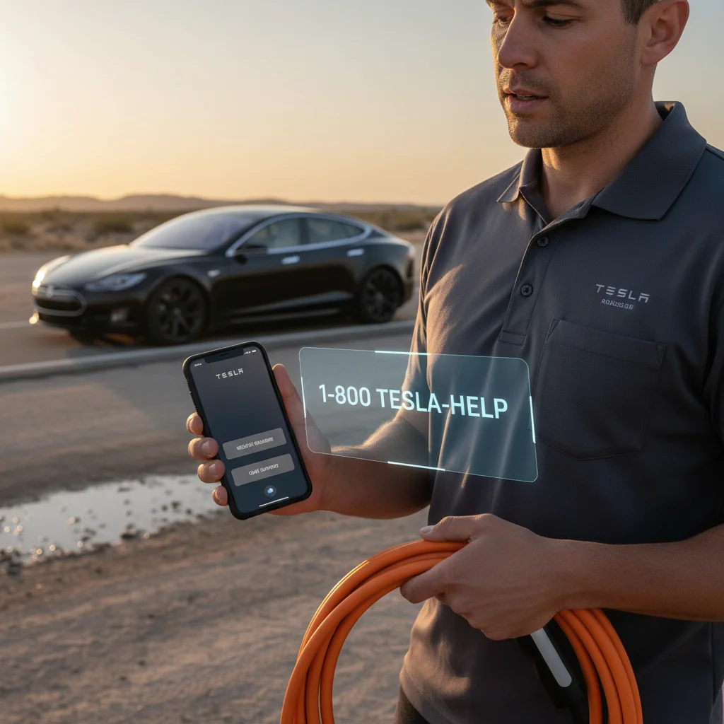 Split view of a phone call screen and the Tesla app roadside menu