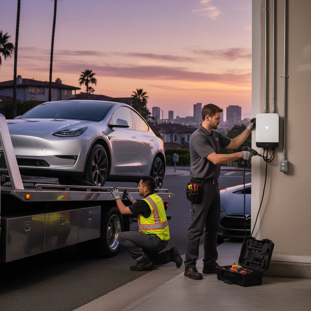 A flatbed tow truck preparing to load a stalled Tesla on a DC-area shoulder