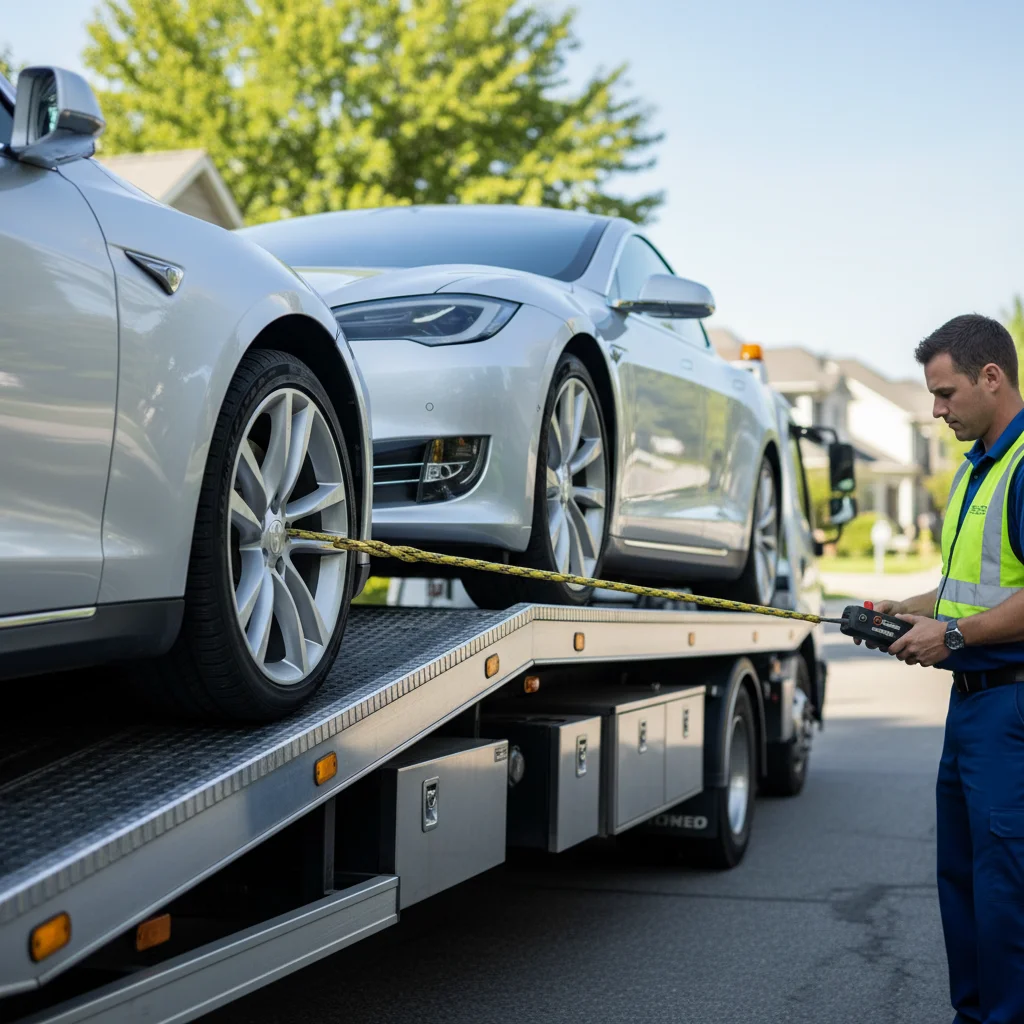 Close-up of a Tesla wheel correctly positioned on a flatbed tow truck