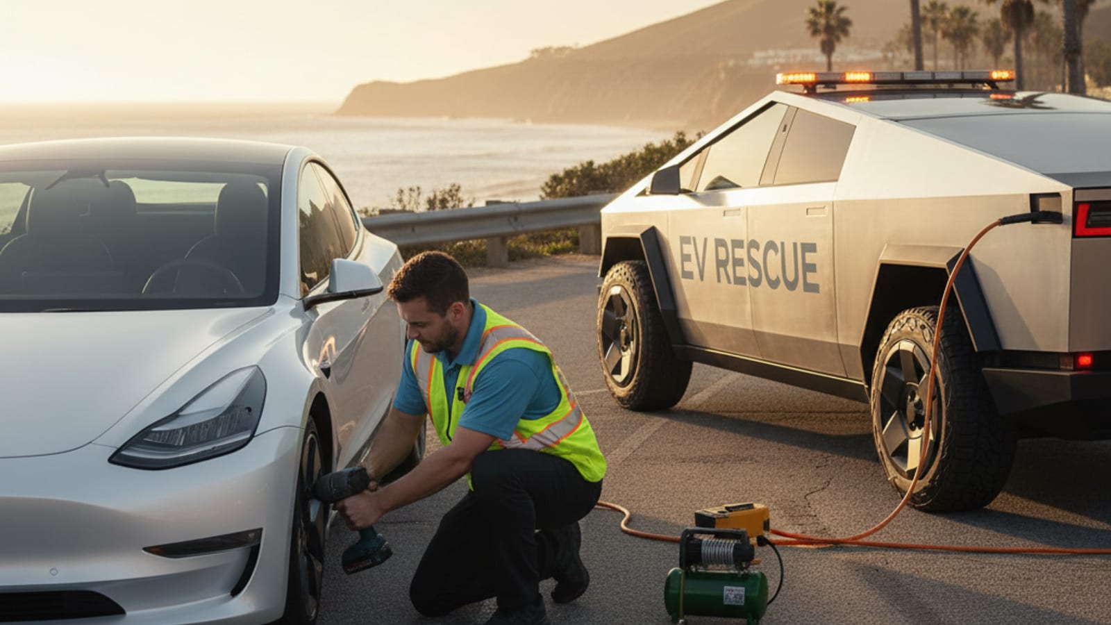 A flat tire on a Tesla at the side of a DC-area freeway with hazards on