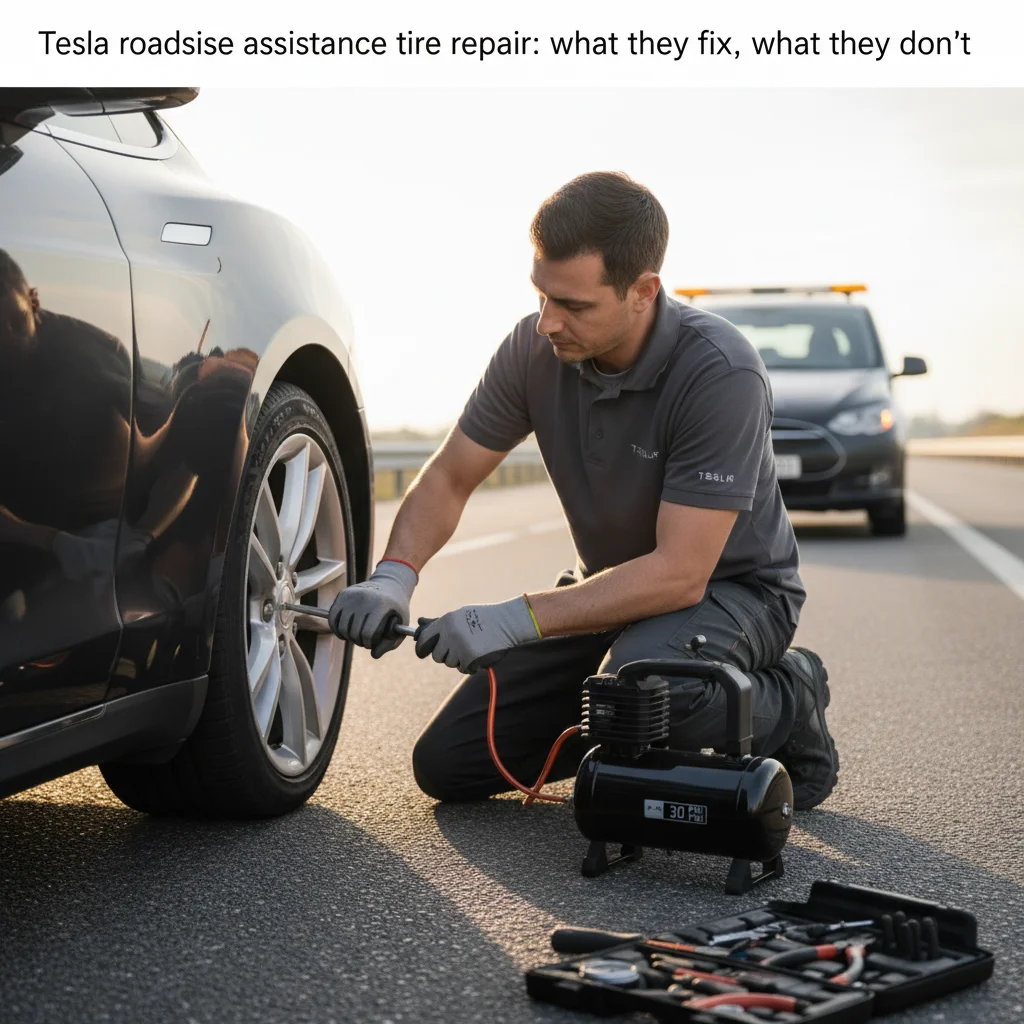 A mobile EV rescue vehicle approaching a stalled Tesla on a shoulder