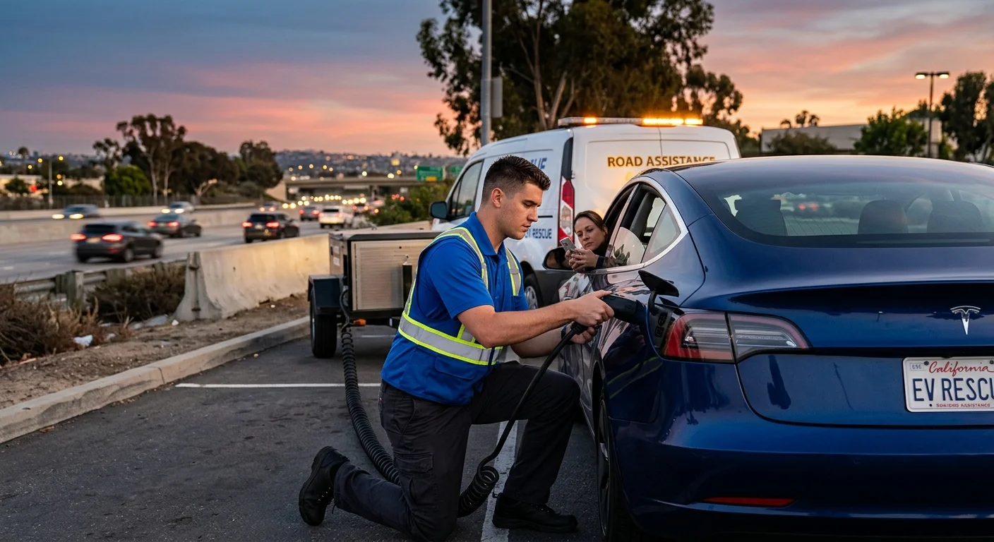A car parked on a highway shoulder at dusk with hazard lights on while a person waits beside it