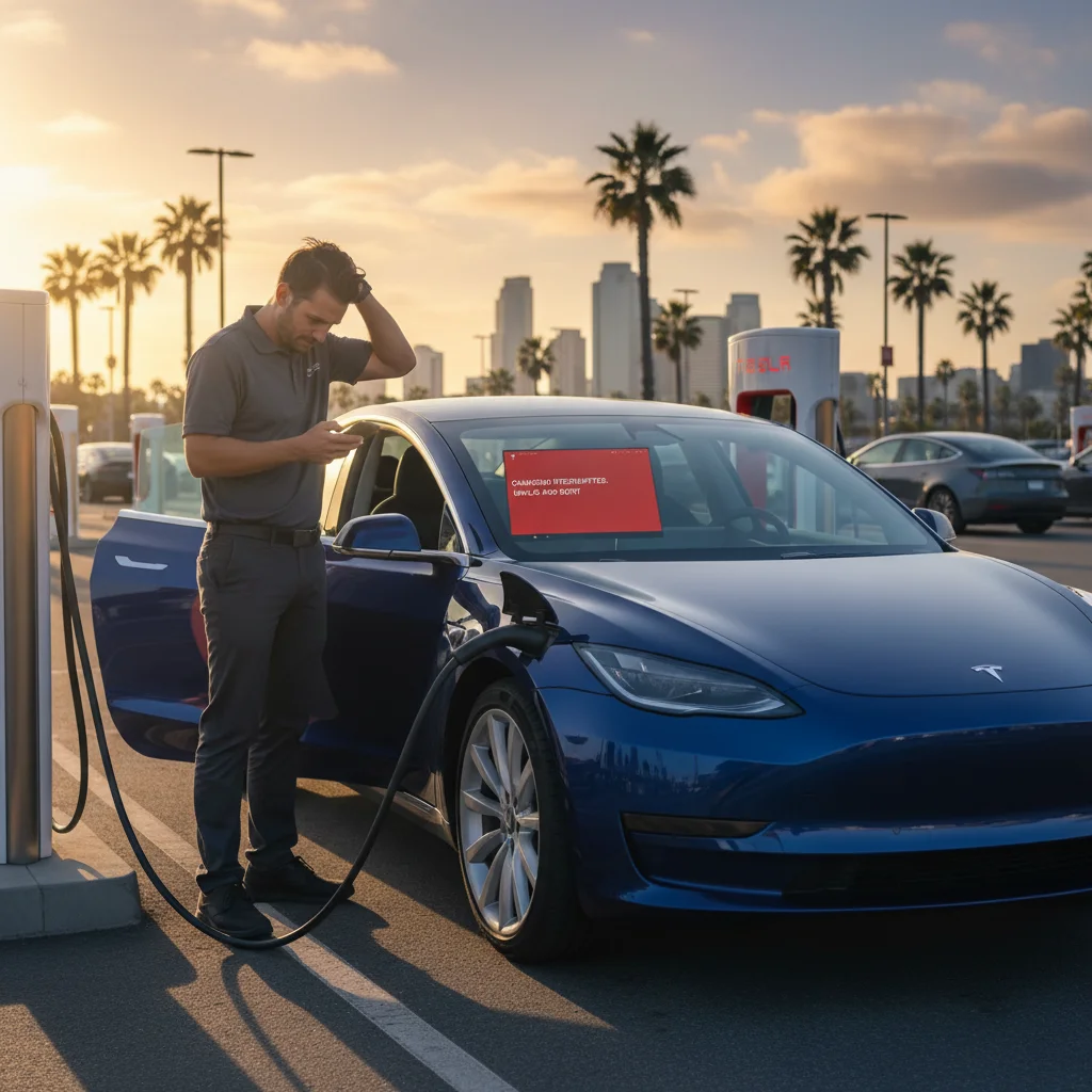 A Tesla driver checking their phone next to a Supercharger stall showing an offline message near I-66 in Northern Virginia.