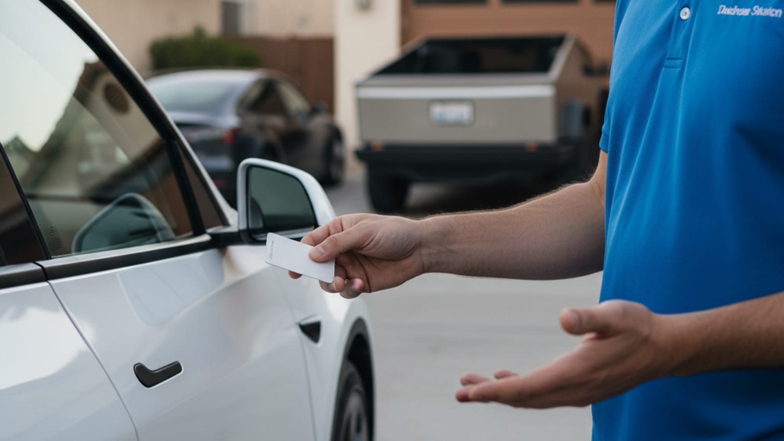 A driver holding a Tesla key card against a Model Y B-pillar with the door handles not presenting