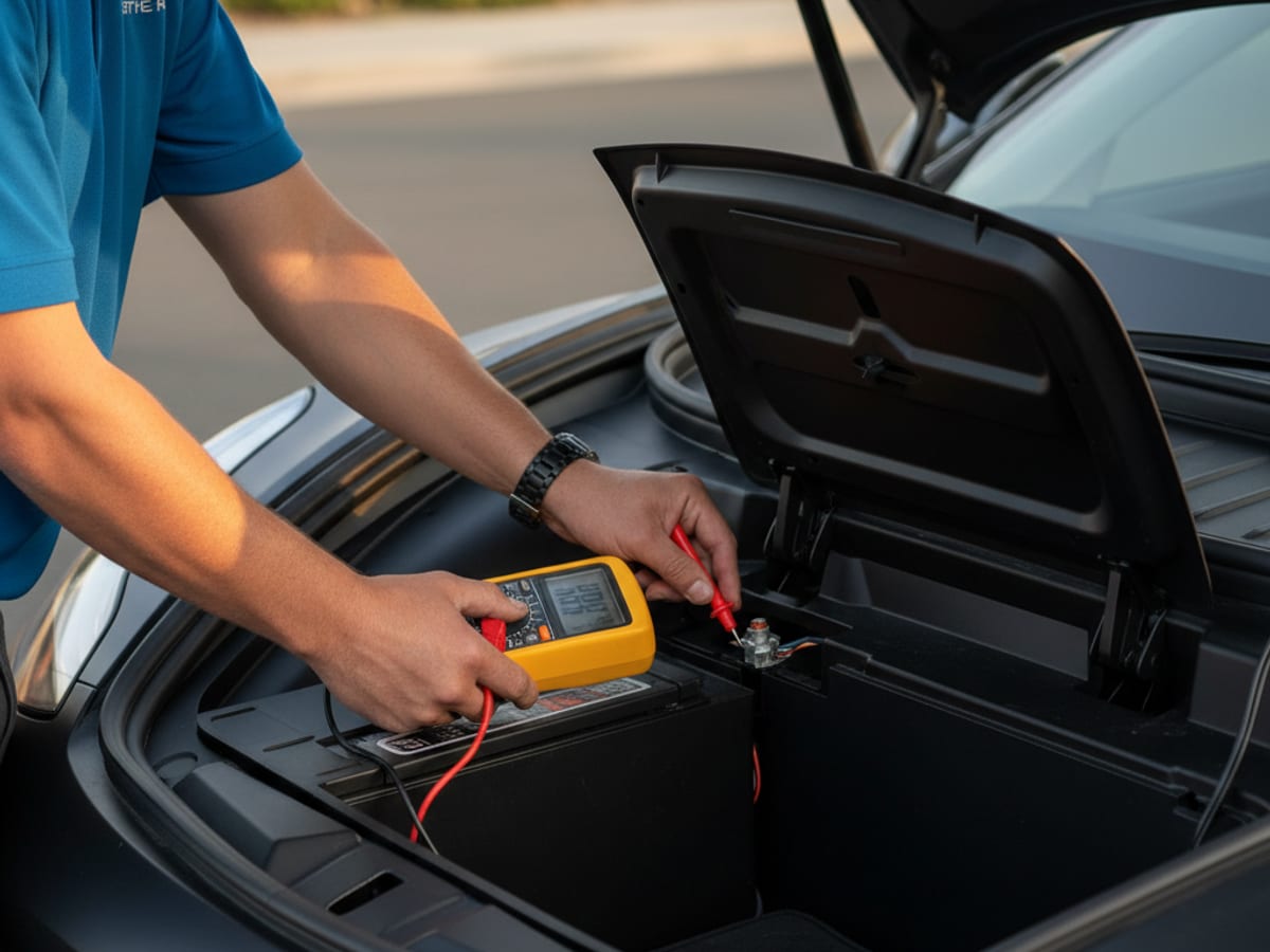 A technician using a multimeter to measure voltage at the Tesla 12 volt post in the frunk