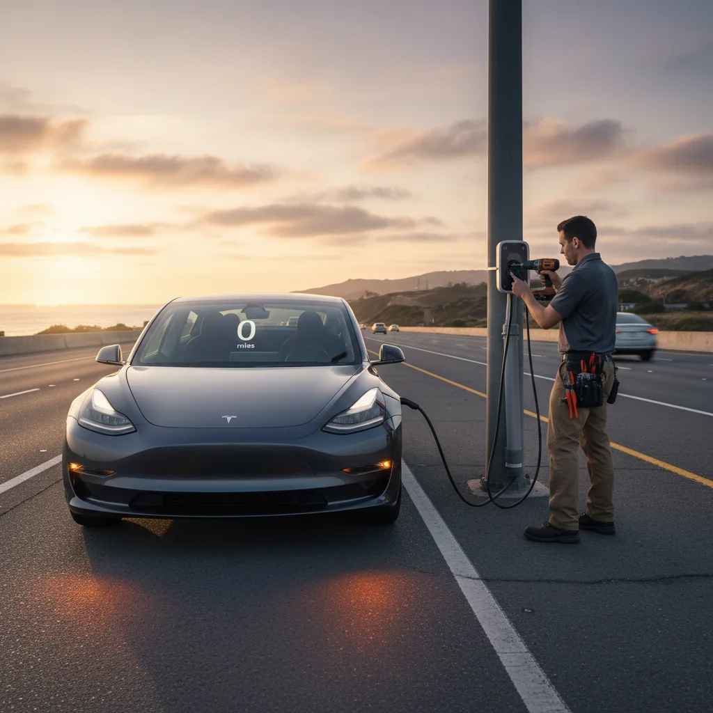 A Tesla stopped on the right shoulder of a Virginia highway with hazards on, a mobile rescue van approaching from behind