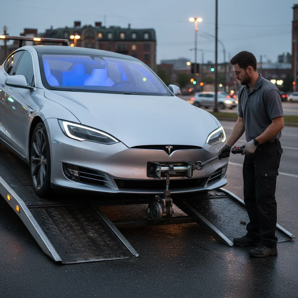 A close-up of a mobile rescue van's NACS connector plugged into a Tesla's charge port at the roadside