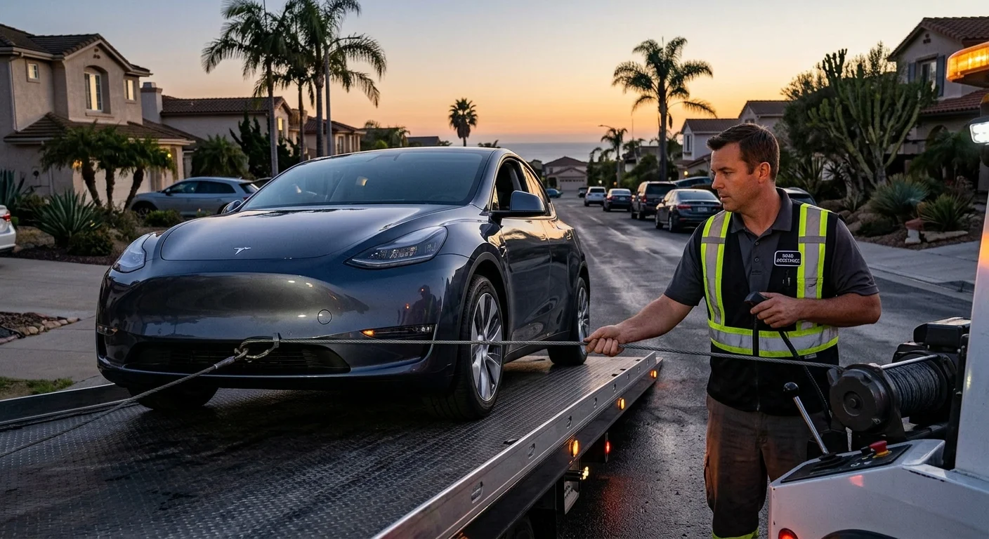 A Tesla being winched onto a flatbed at dusk, wheels pointed straight, with a technician guiding the cable.