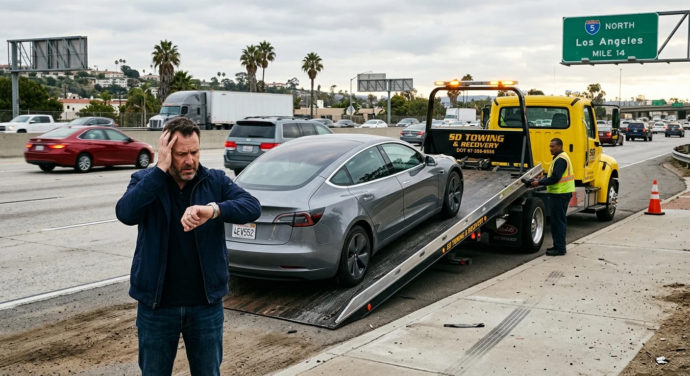 An electric car being loaded onto a flatbed tow truck on a paved shoulder while a driver waits with a phone