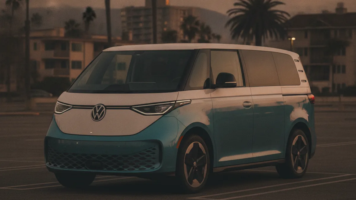 A VW ID.Buzz parked in a Dulles economy lot with a dark cabin after the 12-volt died during a long trip