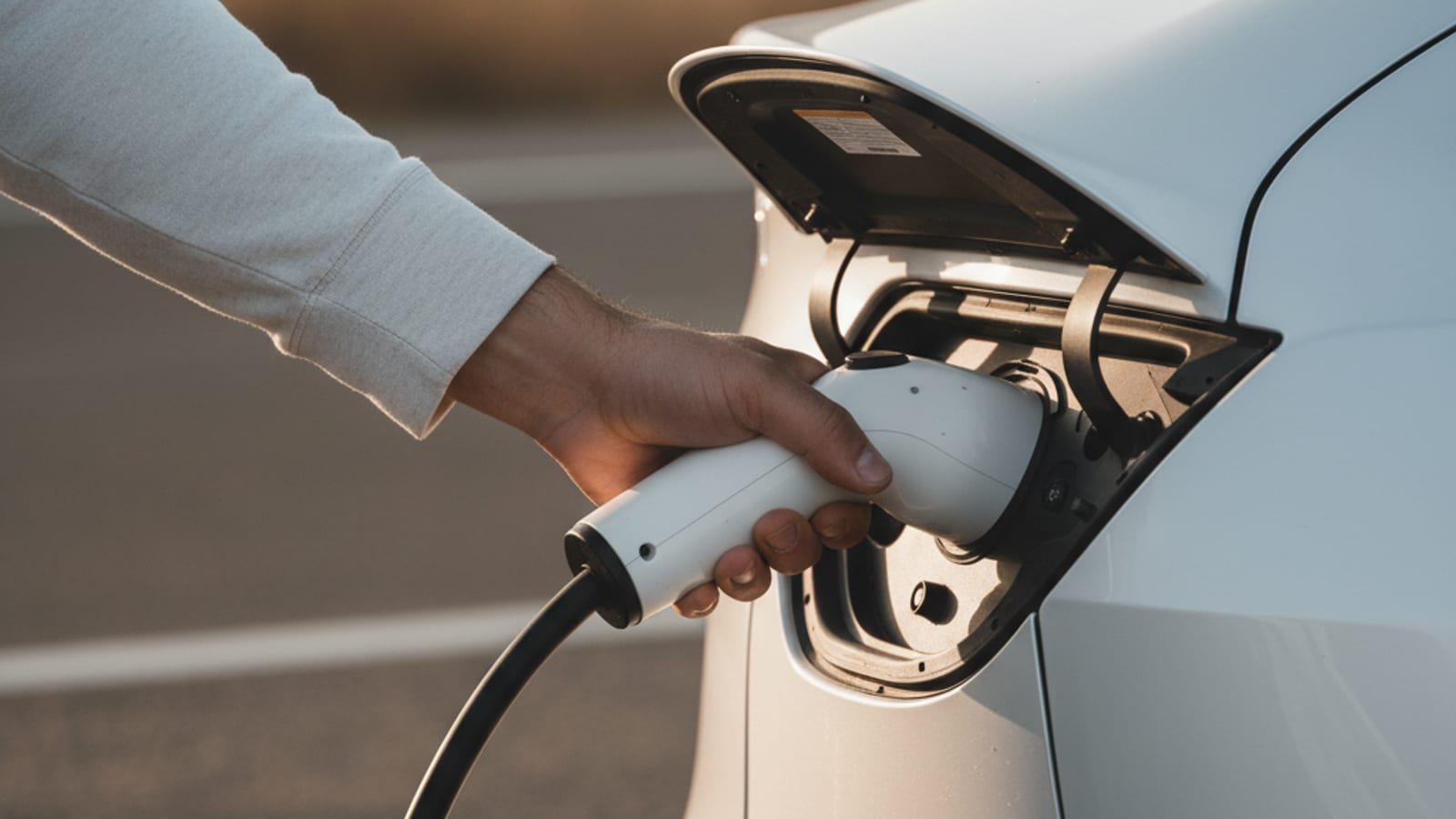 A close-up of an EV charge port with visible moisture around the contact pins after a humid summer storm