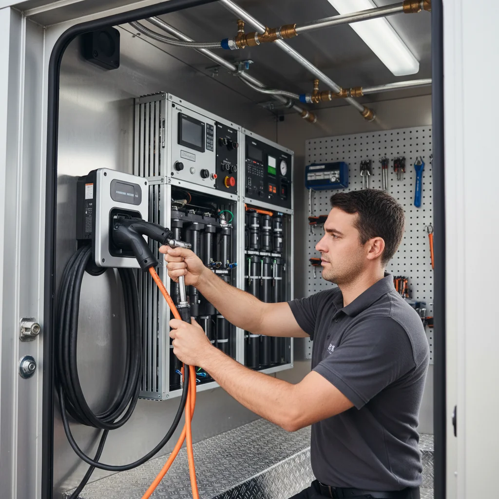 A close view of a charging cable locked into an electric car charge port beside a helper vehicle