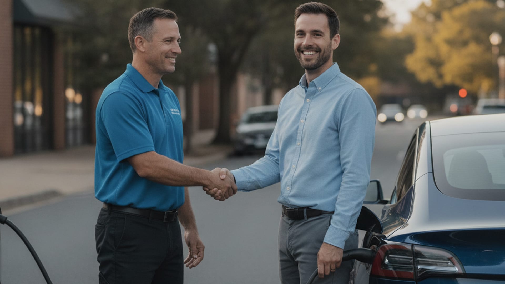 An EV driver speaking with a roadside professional beside a Tesla Model 3 in the DC area
